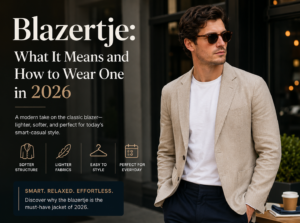Blazertje fashion guide featuring a man wearing a light beige blazer over a white shirt, with text explaining what a blazertje means and how to wear one in 2026.