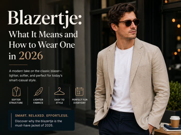 Blazertje fashion guide featuring a man wearing a light beige blazer over a white shirt, with text explaining what a blazertje means and how to wear one in 2026.